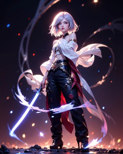   An1mel1nes , A woman in black pants and a white top wields a glowing blue katana. Her short silver hair partially obscures her intense, red-eyed gaze . Sparks and embers fly around her in the dimly lit, blurred background. Anime style, high contrast, and...