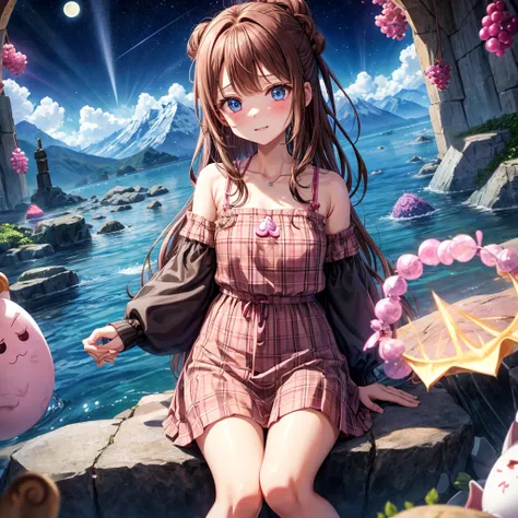 pink brown brown hair、 blue eyes、 has hair tied、Two cute、 Plaid Mini Skirt、 BLACK T-SHIRT、 light clothing、 One Piece、 camisole、 high socks 、Teeth are visible、The stone is cracked、 the road is crooked、Mountain々、diagonal、 monsters、fog、 Aurora、moon、 shooting ...