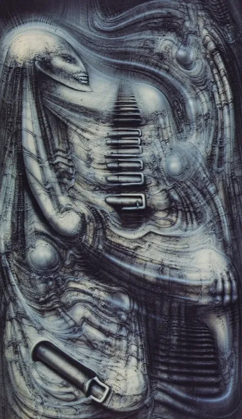 DARK BLACK COLORS, Giger_style, H. R. Giger's g1g3r, , Giger_style, The image is a detailed view of H.R. Giger's \" HRG Aleph \" plate, featuring ( The image depicts a surreal, intricate artwork featuring two humanoid figures with mechanical or industrial ...