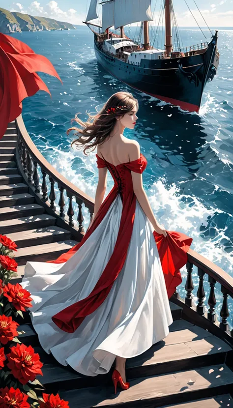 Black and white pencil with high detail. A beautiful European woman in a gorgeous dress made of red flowers descends on the stairs. A long plume of petals floats behind it. In the background, the sea landscape at sunset with a ship under red sails. The con...