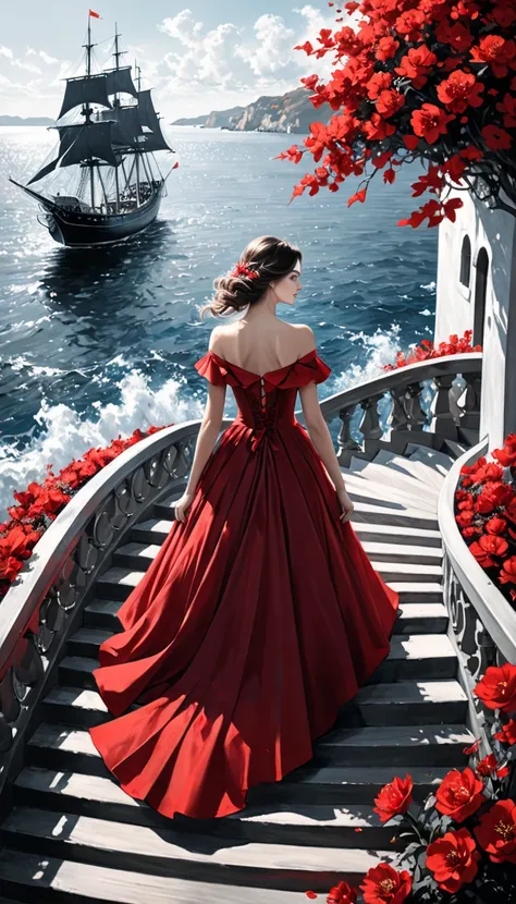 Black and white pencil with high detail. A beautiful European woman in a gorgeous dress made of red flowers descends on the stairs. A long plume of petals floats behind it. In the background, the sea landscape at sunset with a ship under red sails. The con...