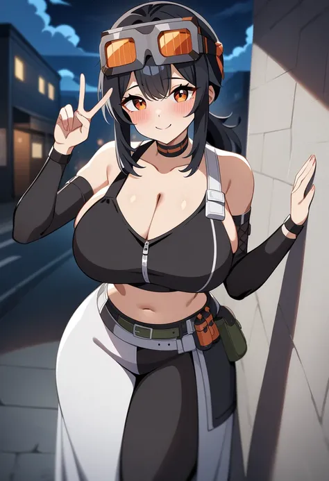 (anime art style:1.0), 2d, masterpiece, best quality, very aesthetic, absurdres, dynamic shadows, atmosferic, grace_howard, black hair, low ponytail, bangs, orange eyes, big breasts, (curvy body), makeup, blush, collarbone, cleavage, goggles on head, choke...