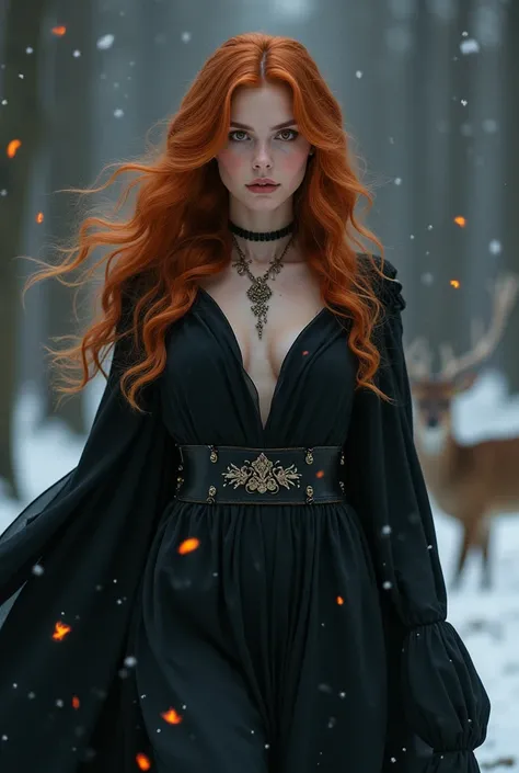 45 years old, seductive redblonde female Witch apprentice, winter, flames in brown eyes, black cloak, confident face, dancing with a deer , dark atmosphere