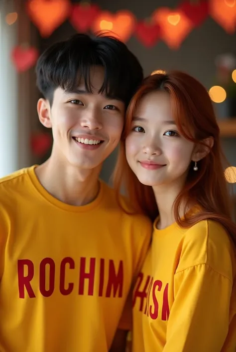  A photo realistic young korean woman and man of a festive Christmas scene featuring a brother and sister duo. ROCHIM, the taller brother, sports a yellow t-shirt with bold letters spelling out his name. MARISSA, the younger sister, dons yellow t-shirt wit...