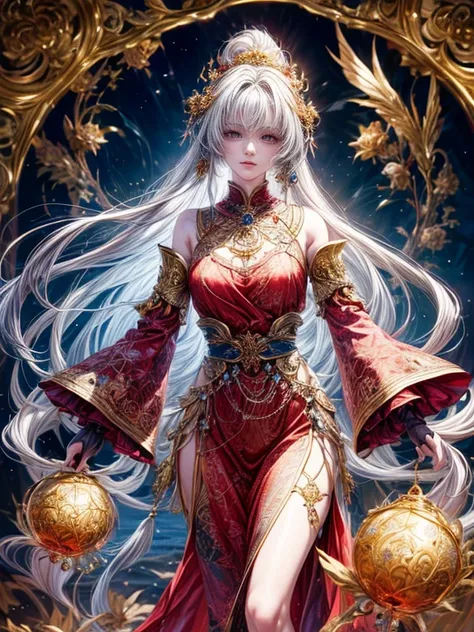 , A female character with striking features. She has pale skin, deep red eyes, and her hair is adorned with golden ornaments and flowers. The character is wearing an intricate dress with blue and gold patterns, and a high-necked collar. The background is d...