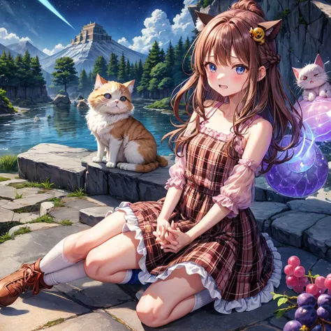 pink brown brown hair、 blue eyes、 has hair tied、Two cute、 Plaid Mini Skirt、 BLACK T-SHIRT、 light clothing、 One Piece、 camisole、 high socks 、Teeth are visible、The stone is cracked、 the road is crooked、Mountain々、diagonal、 monsters、fog、 Aurora、moon、 shooting ...