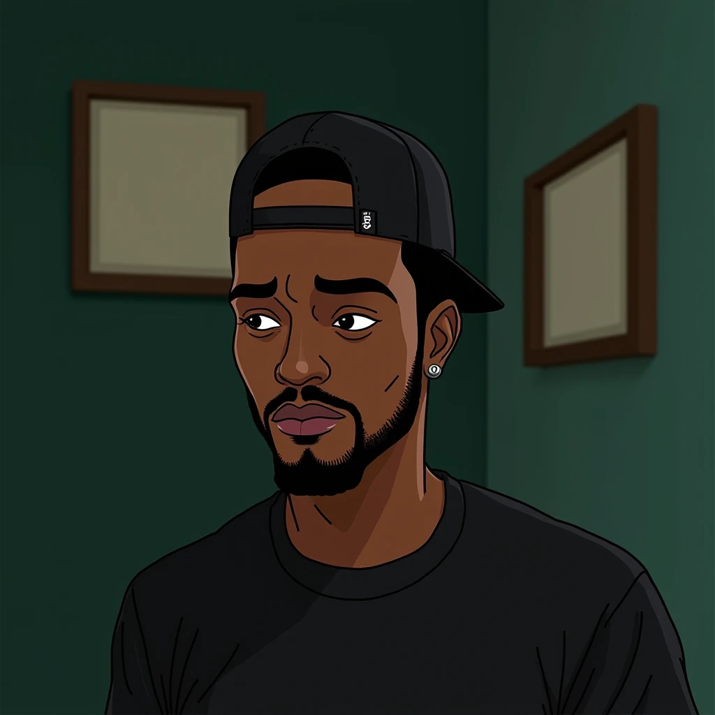 a "dark" skin man that's tired of drugs . represent in the "boondocks" cartoon style.  his face is a bit round in "shape", no beards on his face but with mustache , wearing a black shirt and a black face cap. the "background" is a dark green wall with an e...