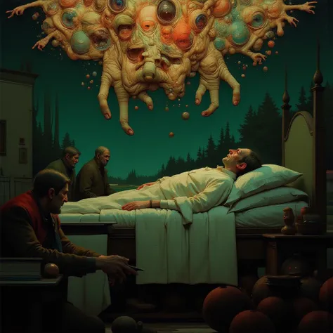 dark surrealist artwork style of a  post mortem on a bed is transcending and multiples visions are happening above, showing different realities, cinematics colors, lights and shadows on high contrast, dark green, dark blue, dark red, brown, golden dark yel...