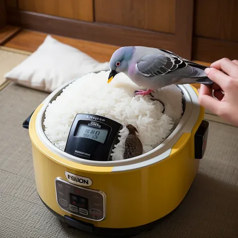 Pigeon drinking whiskey on a rice cooker with a jack（tatami）