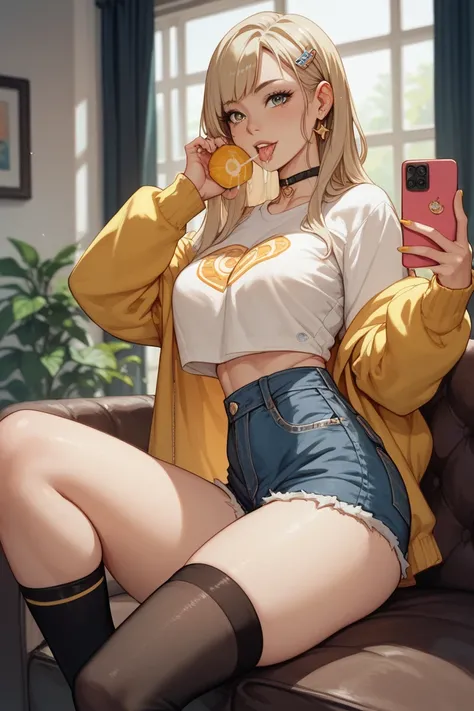 I'm taking a selfie with beautiful legs　 black thigh high knee high socks　 denim micro shorts that make you vomit yellow gastric juice from your mouth