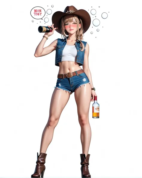 (( girl_1 person:2.0)),(Light brown background :1.0),( slender body:1.2),( Sleeveless Denim Vest :1.1),( denim micro shorts that make you vomit yellow gastric juice from your mouth:1.1),(Navel exposed),( drunk _ blushes:1.3),(Stand in a provocative pose:1....