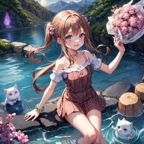 pink brown brown hair、 blue eyes、 has hair tied、Two cute、 Plaid Mini Skirt、 BLACK T-SHIRT、 light clothing、 One Piece、 camisole、 high socks 、Teeth are visible、The stone is cracked、 the road is crooked、Mountain々、diagonal、 monsters、fog、 Aurora、moon、 shooting ...