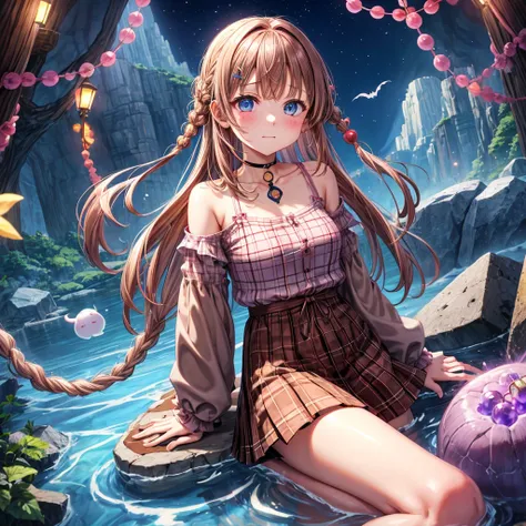 pink brown brown hair、 blue eyes、 has hair tied、Two cute、 Plaid Mini Skirt、 BLACK T-SHIRT、 light clothing、 One Piece、 camisole、 high socks 、Teeth are visible、The stone is cracked、 the road is crooked、Mountain々、diagonal、 monsters、fog、 Aurora、moon、 shooting ...