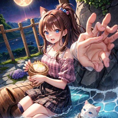 pink brown brown hair、 blue eyes、 has hair tied、Two cute、 Plaid Mini Skirt、 BLACK T-SHIRT、 light clothing、 One Piece、 camisole、 high socks 、Teeth are visible、The stone is cracked、 the road is crooked、Mountain々、diagonal、 monsters、fog、 Aurora、moon、 shooting ...