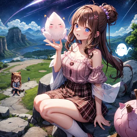 pink brown brown hair、 blue eyes、 has hair tied、Two cute、 Plaid Mini Skirt、 BLACK T-SHIRT、 light clothing、 One Piece、 camisole、 high socks 、Teeth are visible、The stone is cracked、 the road is crooked、Mountain々、diagonal、 monsters、fog、 Aurora、moon、 shooting ...