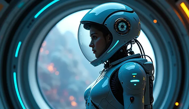 "A female astronaut cyborg in a glossy, high-tech robotic suit with glowing blue accents. Her helmet is a futuristic transparent dome with a holographic display showing vital stats. Wires and circuits run along her body, blending organic beauty with mechan...