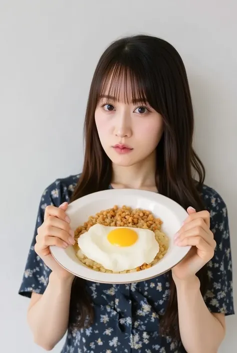   close-up shot  ,   Omurice on a white plate  ,   staring closely at an omelette under the table 、 Long Hair ,  Slightly high angle  ,   A woman is looking at sushi from a little below the front ,  White background, Focus on sushi  , The Woman&#39; Japane...