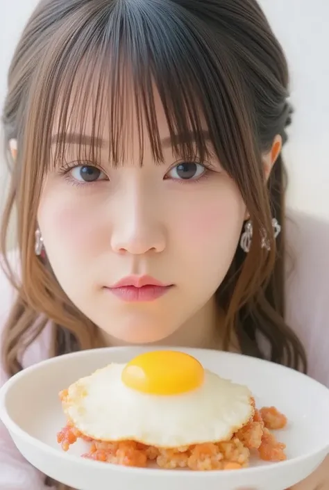   close-up shot  ,   Omurice on a white plate  ,   staring closely at an omelette under the table 、 Long Hair ,  Slightly high angle  ,   A woman is looking at sushi from a little below the front ,  White background, Focus on sushi  , The Woman&#39; Japane...