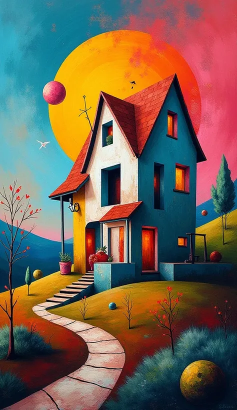 A painting drawn in the Picasso style that is a sky with colors and a house