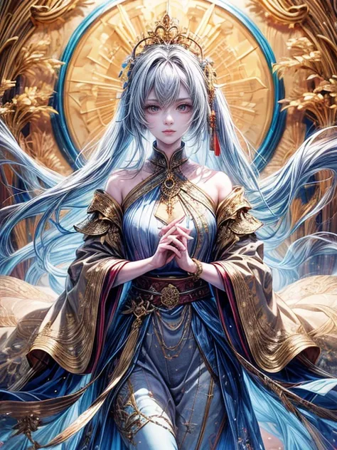 , , the female character is distinguished . She has pale skin.,  Dark Red Eyes ,  and she has gold ornaments and flowers in her hair .  The character wears elaborate costumes with blue and gold patterns , And the high collar .  the background is dark ,  wi...