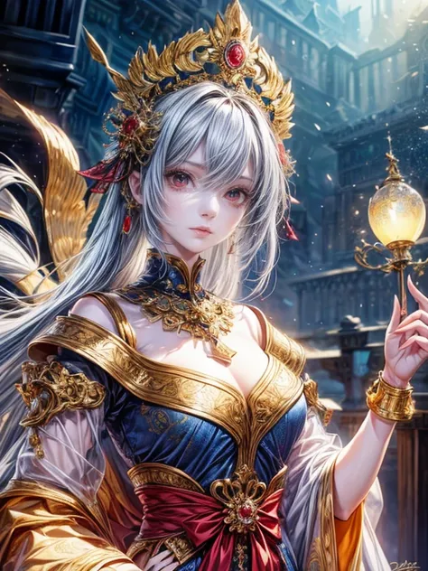 , , the female character is distinguished . She has pale skin.,  Dark Red Eyes ,  and she has gold ornaments and flowers in her hair .  The character wears elaborate costumes with blue and gold patterns , And the high collar .  the background is dark ,  wi...