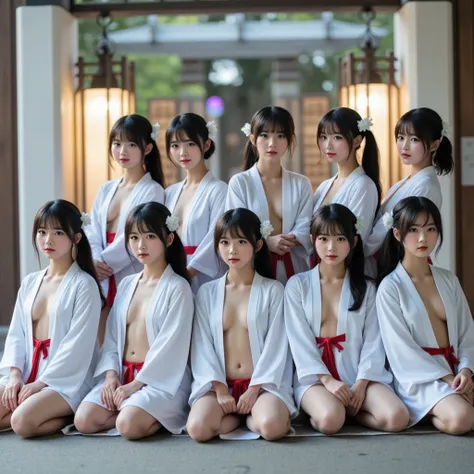 Exposed Open Gigantic Cleavage, CoveredNipple without Bra, Transform into 8K UltraDetailed Live-Action, Photorealistic, ExtremelyDetailed Professional Photography of KAWAII FUNDOSHI Girls at HAKATA GION YAMAKASA, FullBody from below, MagicHour Miracle, Eth...