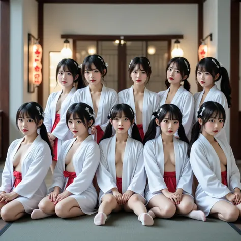 Exposed Open Gigantic Cleavage, CoveredNipple without Bra, Transform into 8K UltraDetailed Live-Action, Photorealistic, ExtremelyDetailed Professional Photography of KAWAII FUNDOSHI Girls at HAKATA GION YAMAKASA, FullBody from below, MagicHour Miracle, Eth...