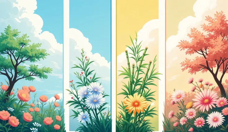 Anime style hyper detail illustrator art wallpaper. 4 season plant:"pine tree, bamboos, chrysanthemum flower, apricot flower" landscape in 4 seasonal background frame.