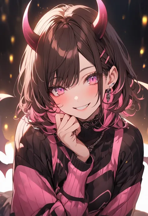 Alone， medium hair，Dark brown hair， tip pink highlight，woman， Light Pink Eyes ，smile,yellow and black striped clothes，Demon Horns