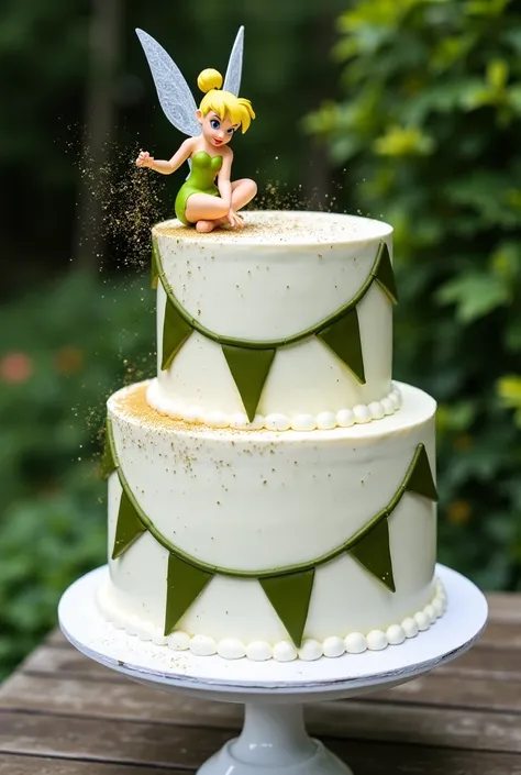 2-tier whipped cream cake , white with olive green and green flag,  with gold glitter by Tinker Bell  