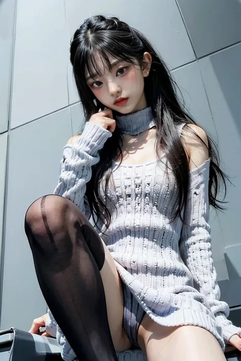 (8k、 RAW Photo 、 top quality、 Masterpiece:1.2)、( is present、 is present)、 (from below:1.5), in the seat、 white skin、 ponytail 、Beautiful Bangs、(( smooth, Sparkling, Super Long,  sensual elegance )), silky hair、 facing the camera 、  virgin killer sweater , ...