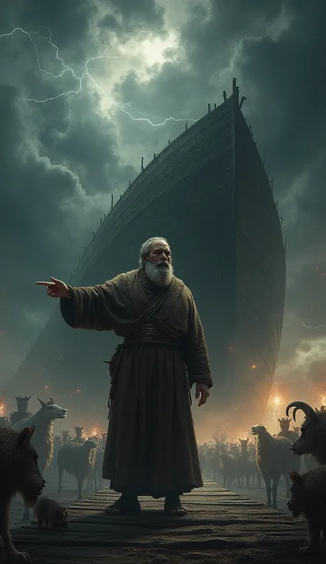 A realistic digital painting of Noah standing on a wooden platform, pointing at the stormy sky. Behind him, a massive ark is nearly completed, with animals walking towards it. The sky is dark with swirling storm clouds, and lightning illuminates the backgr...