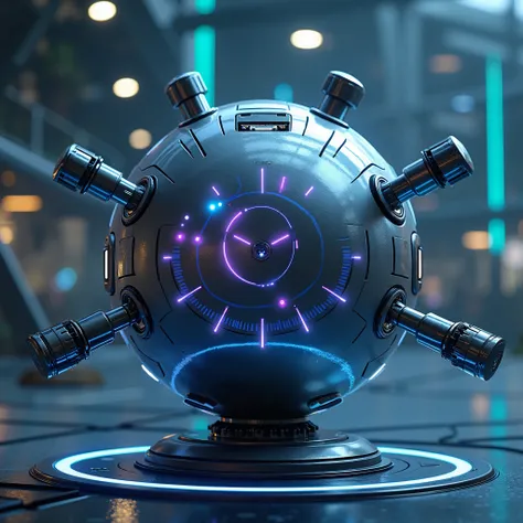 "Create a futuristic, round robot representing artificial intelligence. Its body should be a perfect sphere, made of metal with glowing elements, such as pulsating blue or purple lights. The robot should have six short arms that are evenly distributed arou...