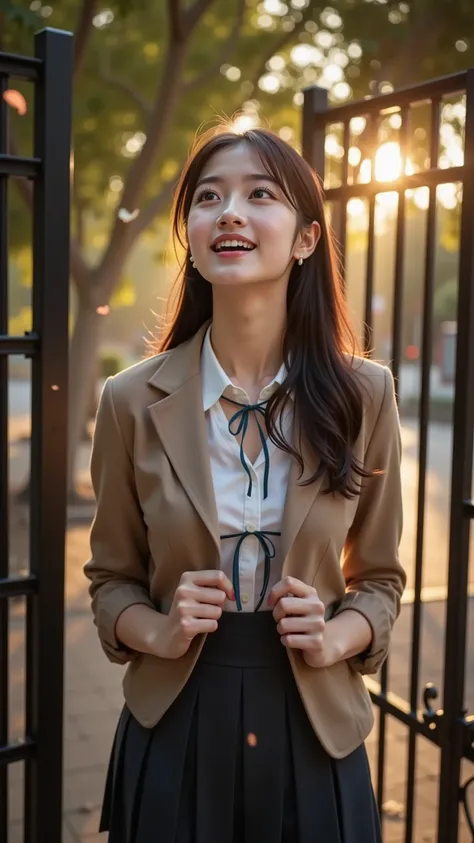 A radiant young woman in an elegant school uniform stands near the school gate, waiting for someone on her first date. As she notices the person arriving, she turns her gaze toward them, her expression shifting between surprise, happiness, and slight shyne...