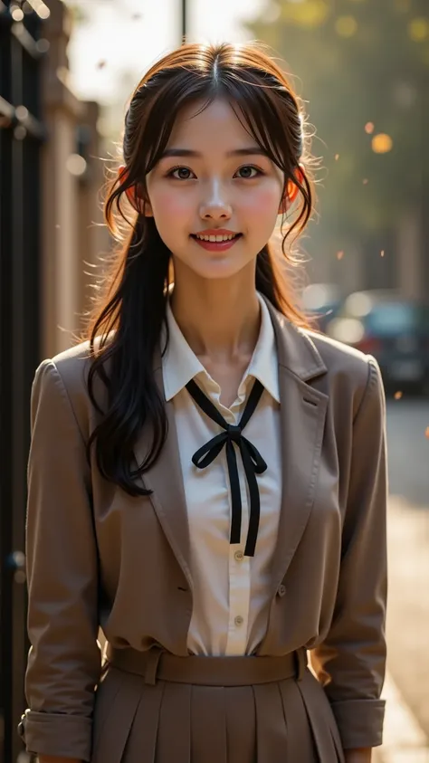 A radiant young woman in an elegant school uniform stands near the school gate, waiting for someone on her first date. As she notices the person arriving, she turns her gaze toward them, her expression shifting between surprise, happiness, and slight shyne...