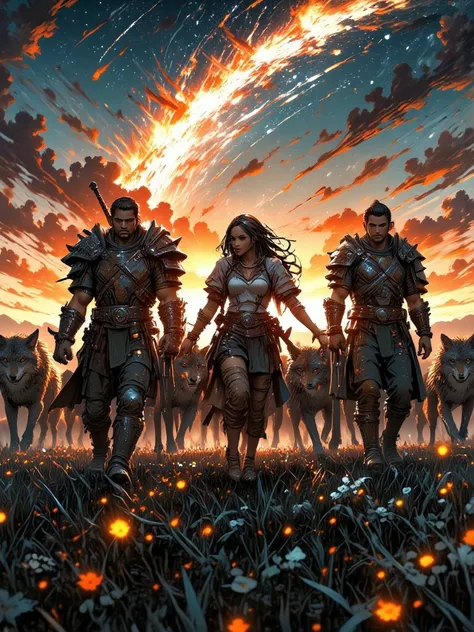 Detailed and accurate manga style image,  Ultra High Definition, 3 légionnaire homme et une guerrière femme sexy marchant dans une prairie, Surrounded by wolves, Very distant shot below,  sunset.