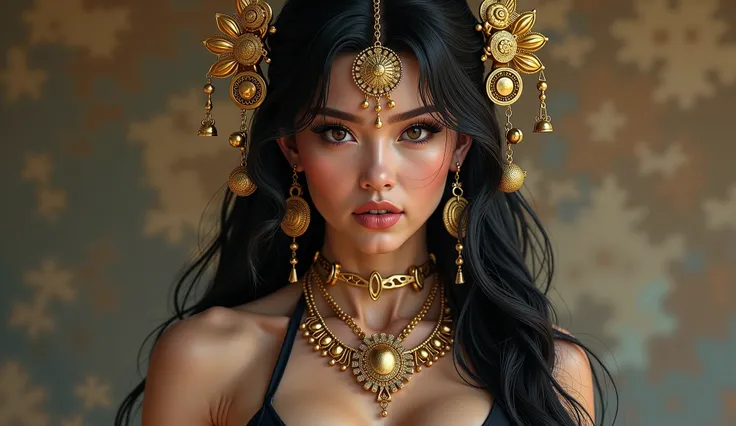 arafed woman in a black bikini and gold jewelry posing for a picture, bodybuilder superhero bikini, japanese goddess, chinese empress, inspired by Pu Hua, inspired by Masamune Shirow, inspired by Li Tang, goddess. extremely high detail, seductive tifa lock...