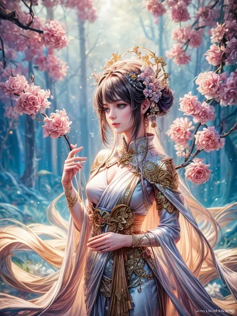 3D digital art fantasy oil painting 34k HDR flowers have beautiful girls like goddesses wearing beautiful Thai dresses under glittering glowing flowers, their hair is attached to the stem of flowers hanging on trees art nouveau style.