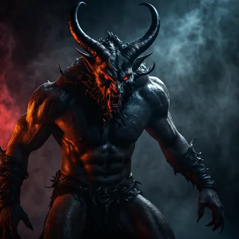 a highly detailed daemon of ancient stories, dark fantasy creature, horns, glowing red eyes, sharp fangs, claws, muscular body, leathery skin, ethereal mist, dramatic lighting, moody atmosphere, (best quality,4k,8k,highres,masterpiece:1.2),ultra-detailed,(...