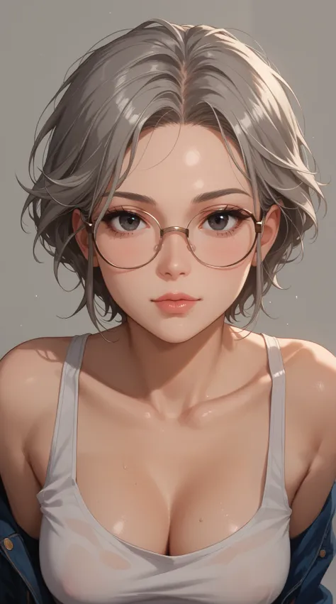 solo focus,  1girl , (masterpiece, high quality:1),  Portrait of a beautiful girl. Gray,  ashy hair , two bundles of gray hair on the head,  black eyes, glasses on face, open tank top,  waist-deep , adult, 40 years old, очень adult 