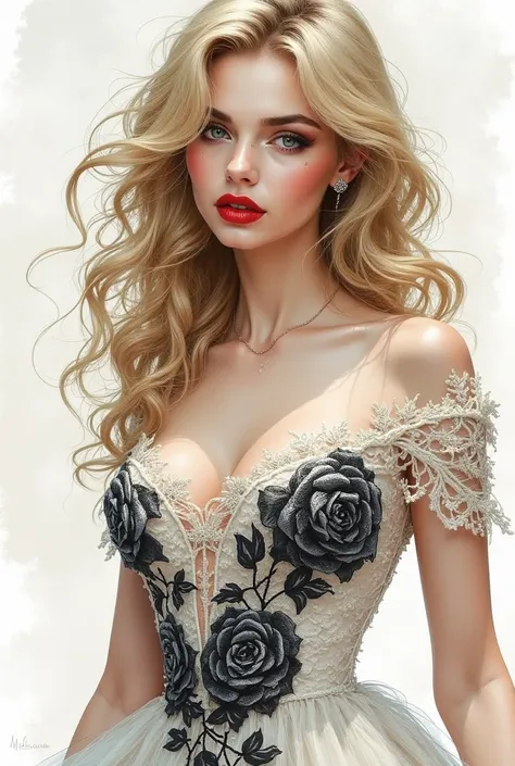 Watercolor, comic art, Boris Walleho art, female vampire, exquisite beauty, brown, pale skin, dark blond hair, long hair, wavy hair, blood red lips, shining eyes, she wears (white lace dress with embroidered black roses: 1.3) exquisite, beautiful,half a cl...