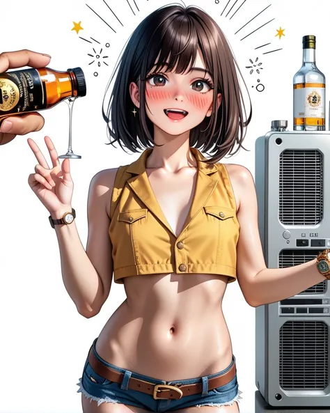 (( girl_1 person:2.0)),(Light brown background :1.0),( slender body:1.2),( Sleeveless Denim Vest :1.1),( denim micro shorts that make you vomit yellow gastric juice from your mouth:1.1),(Navel exposed),( drunk _ hiccups:1.3),( monitors where :1.0),real ski...