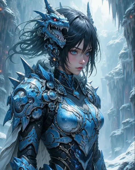 1 girl, dragon armor, 💀💀💀👻👻👻💀💀💀, worldofice, frozen, frosty, draconictech, obsidian, iridescent,High Resolution, Masterpiece, Accurate, Anatomically Correct, Award Winning, Best Quality, High Details, High Quality, Super Detailed, Textured Skin, UHD, 