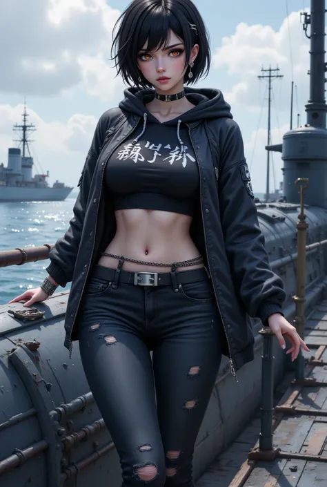 Trafalgar D. Water Law (Female)
"4K anime style quality, digital drawing mode, a mysterious and composed young woman with short black hair, silver earrings, wearing a cropped hoodie and ripped jeans, standing on the submarine’s deck, surrounded by a vast o...