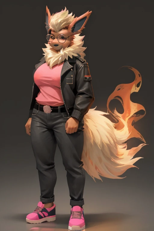 (Flareon)), anthropomorphic, big boobs, fat ass, pokemorph, (((1girl))), (((pink shirt))), (grey denim pants), (black denim jacket), (black belt), (black heeled shoes) full body, cute and sexy, fiery red skin, (circle frame glasses), long legs, smiling