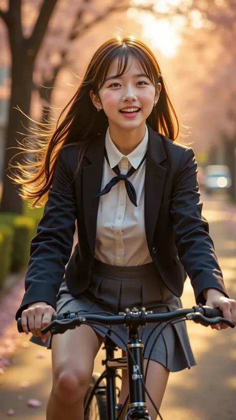 A radiant young woman in an elegant school uniform enjoys a bicycle date, her expression filled with joy, anticipation, and warmth. As she pedals forward or glances back with a soft smile, her hair flows naturally in the wind, catching the sunlight or the ...