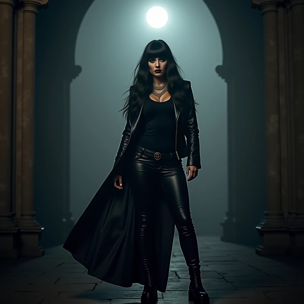 gothic rock woman Long black hair with bangs, cintura fina,  thick legs,  Big breasts, six pack abs,  toned legs , biped, leather t-shirt ,  black leather jacket,  Black Leather Pants , black combat boots,  gothic makeup , black eyeliner, woman, attractive...