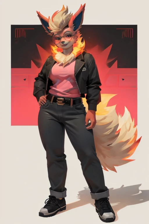 (Flareon)), anthropomorphic, big boobs, big ass, pokemorph, (((1girl))), (((pink shirt))), (grey denim pants), (black denim jacket), (black belt), (black heeled shoes) full body, cute and sexy, fiery red skin, (circle frame glasses), long legs, smiling