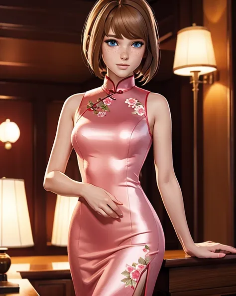 max caulfield elegant in a long cheongsam BREAK (shiny satin pink cheongsam, turtleneck gown, highneck, straight fabric, floral pattern cheongsam, sleeveless, bare shoulders) BREAK (slim body) BREAK (ochre hair, straight hair) BREAK looking at viewer (beau...