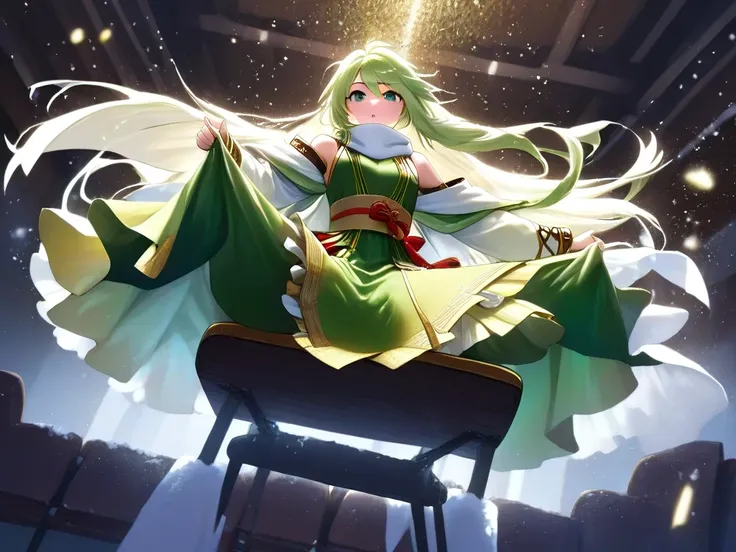  Masterpiece,  top quality,  is present, ( in the seat: 1.3), blue gold white clothes ,  shawl long hair ,  jump, Leap,  dance,  green gold white clothes,  long skirt ,  long scarf , Flowing, Light Armor, Snow white skin,  shoulder out,  full body, (from b...